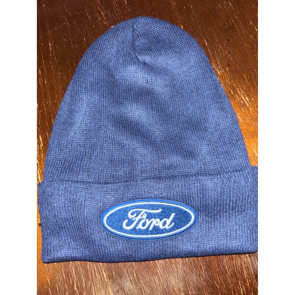 Ford Logo Beanie Hat‎ Blue Knit Cuff Winter Cap Adult Unisex HANDMADE OSFA